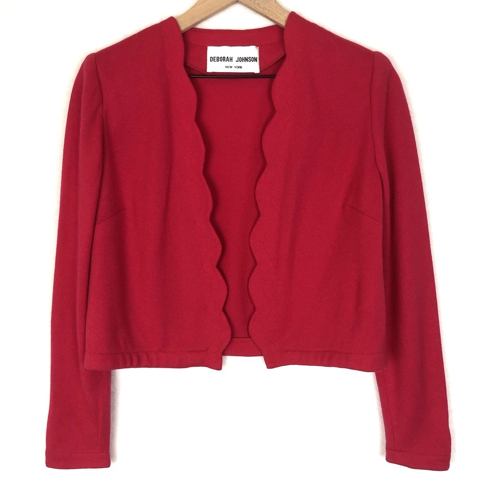 DEBORAH JOHNSON NEW YORK  Scalloped Open Cropped Knit Jacket Sz L/XL Pink EUC